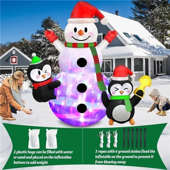 7 FT Christmas Inflatable Snowman Penguins Built-in Rotating Colorful LED Lights - Picture 3 of 6